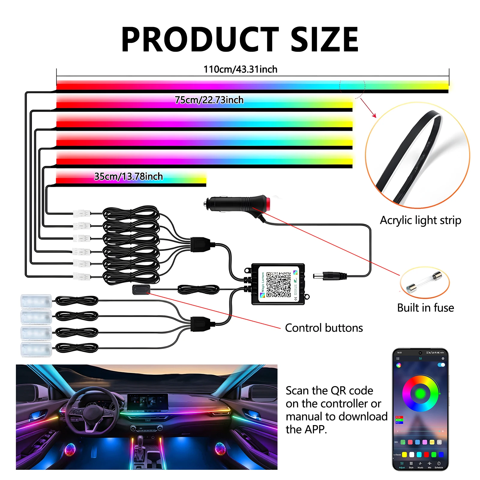 6-in-1 LED Auto-Innenraum-Ambientebeleuchtung Fußraum-Dekorationslampen 12V RGB Atmosphärenlampen-Set mit APP-Steuerung Innenraumbeleuchtung – Detail 2