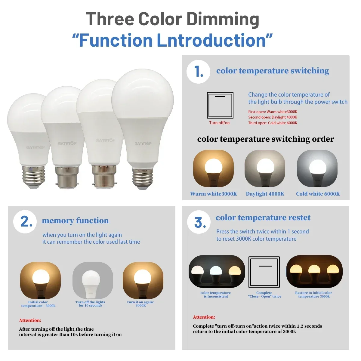 2pcs Energy saving 3 Color Temperature Bulb AC110V 220V E27 B22 18W 24W CCT Memory Function Color Temp Reset Light for Bedroom