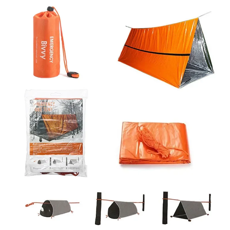 1-2 Person Emergency Shelter Bivy Survival Tent Kit Mylar Tube Tent Sleeping Bag Waterproof Outdoor SOS Thermal Blanket Reusable