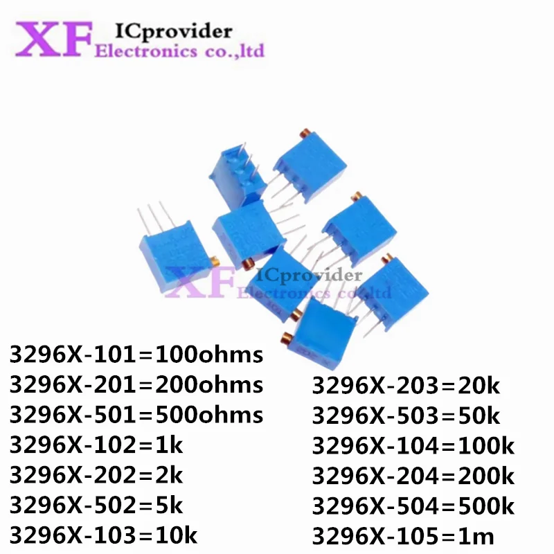 50Pcs 3296X-101 3296X adjustable potentiometer 1K 2K 5K 10K 20K 50K 100K 200K 500K 1M side adjustment 103 104