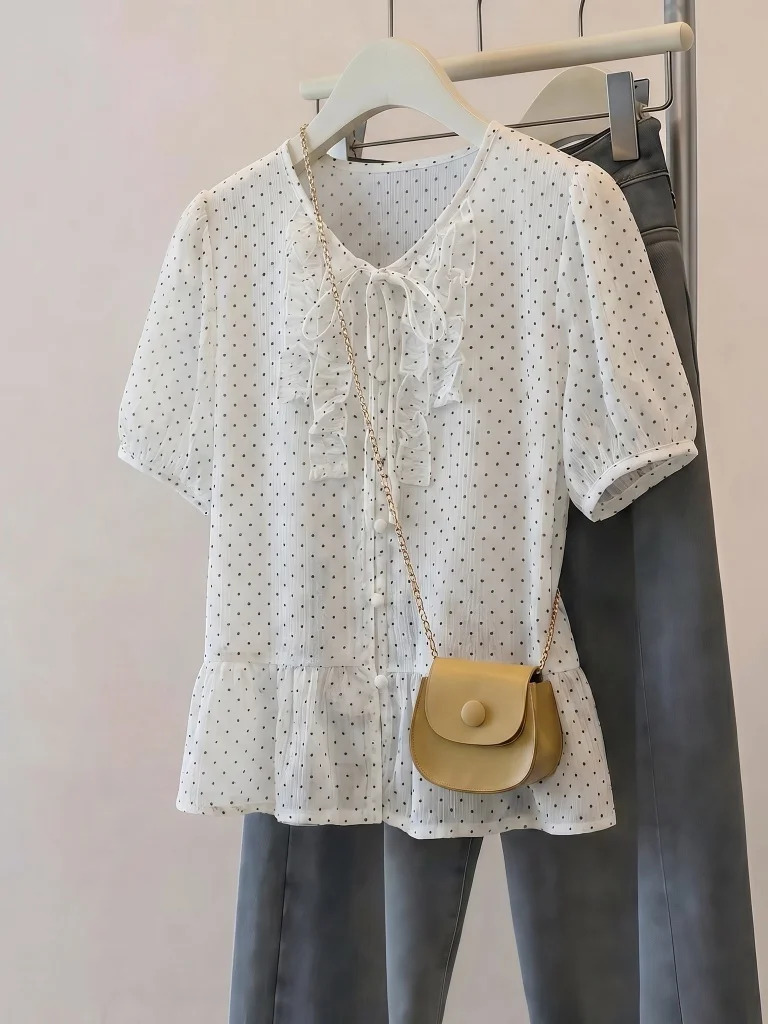 

Polka Dot Women's Short Sleeve Shirt Summer New Style plus Size Loose Fit Commute Korean Version V Neck Regular Thickness