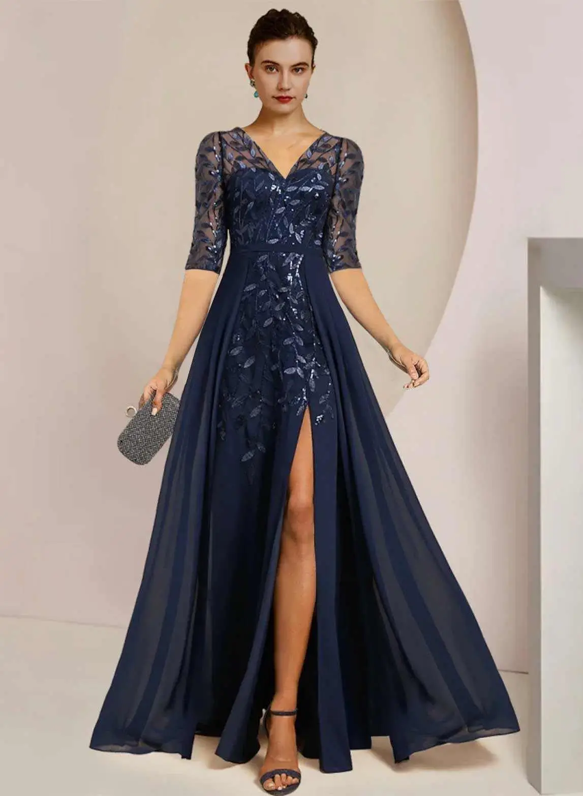 

V Neck Chiffon Mother of The Bride Dress for Wedding Half Sleeves Sparkly Long Evening Party Dress with Slit