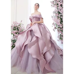 Chic Off The Shoulder Ruched Prom Dress Pink Elegant Sleeveless Draped Floor Length Sweep Train Ball Party Gowns Evening Dress