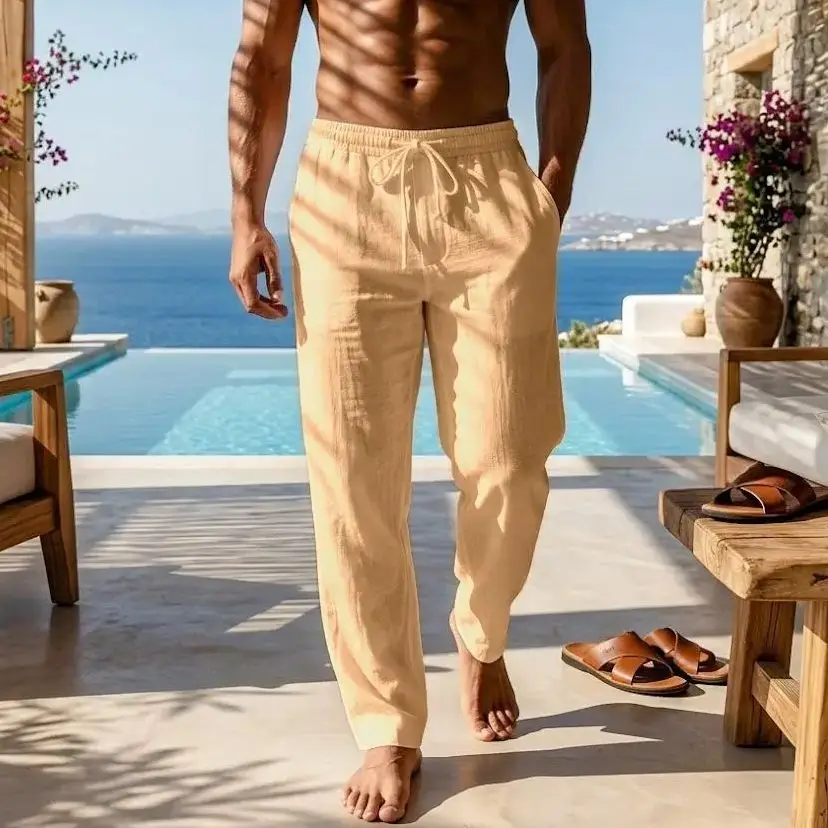 

2026 Men's Cotton Trousers Solid Color Spring Summer Loose Fit Casual Breathable Drawstring Straight Leg Pants