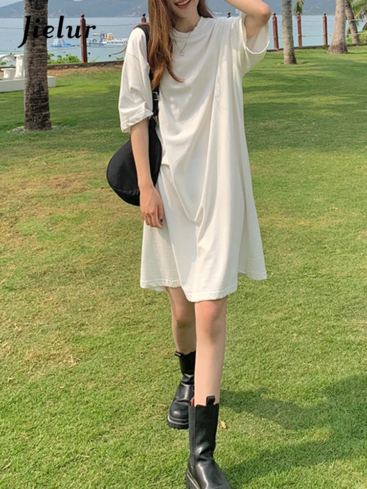 Jielur 여성용 코튼 화이트 원피스, 짧은 소매, 심플하고 루즈한 커피 블랙 원피스, 단색 롱 탑, 여성 드레스 M-XL, 여름