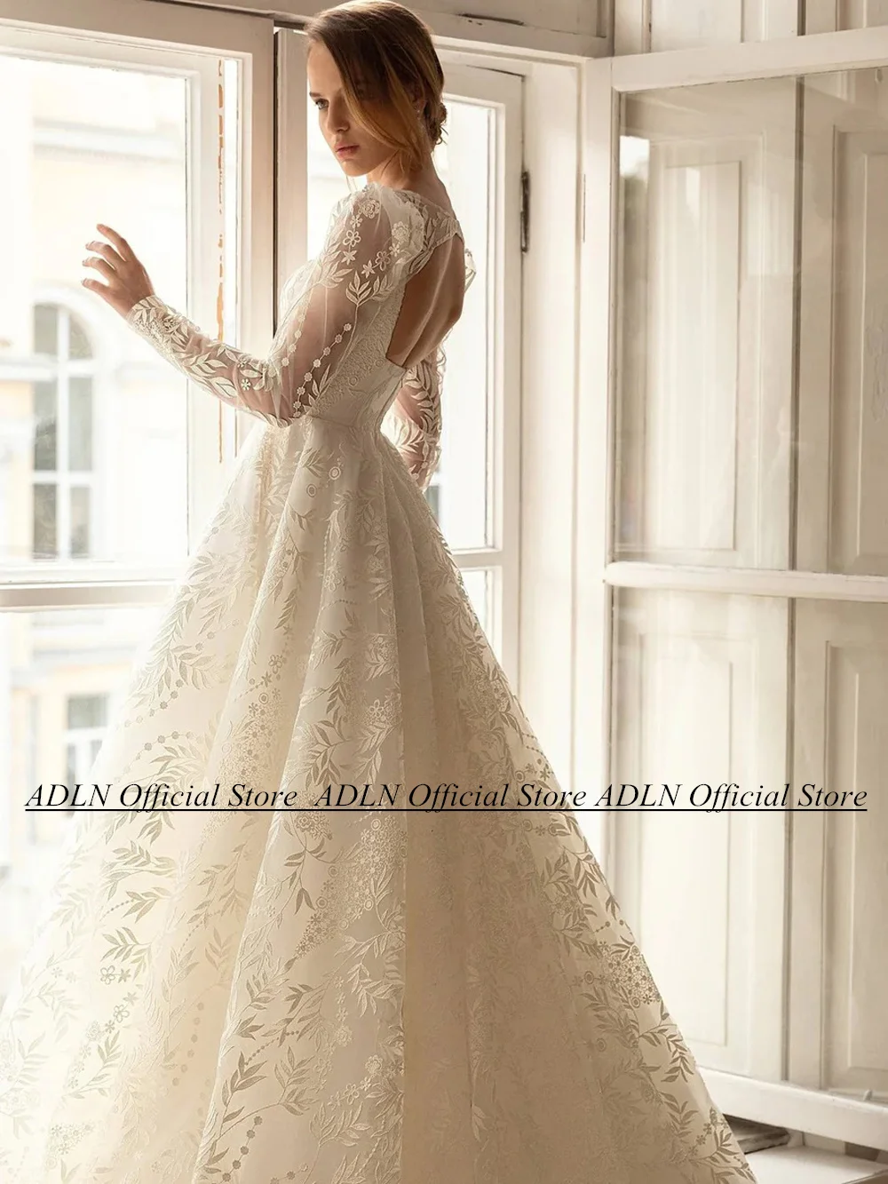 ADLN Luxury Lace Wedding Gowns Exquisite Long Sleeves Square Neck Open Back Court Train A Line Bridal Dress Vestido De Noiva