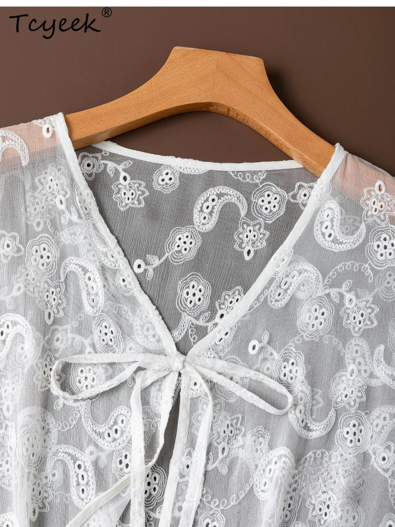 Tcyeek 100% Real Mulberry Silk Woman Tops 2026 Summer Embroidered Semi-transparent Lace-up White Shawl Ladies Clothes Ropa Mujer