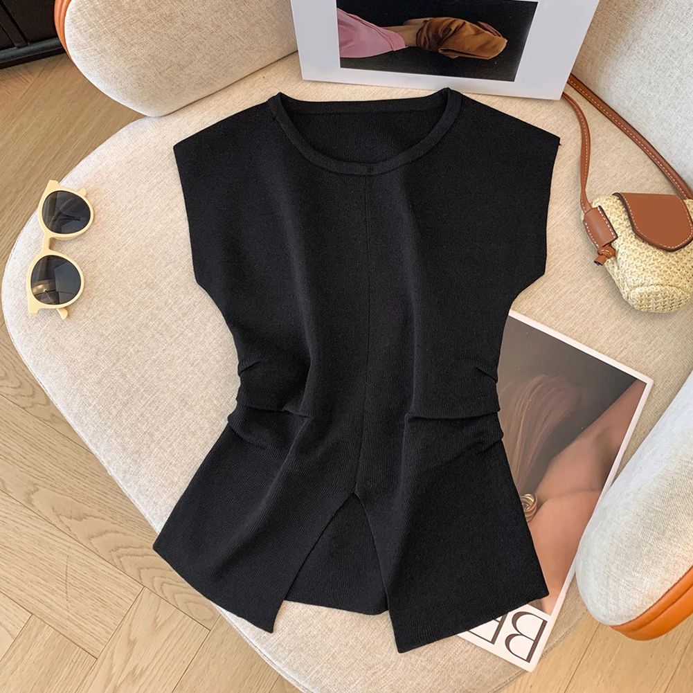 Ladies' Solid Color Knitted Fashionable Top Casual Design Split Sleeveless Top Slim Ice Silk Female Pinch Waist T-shirt