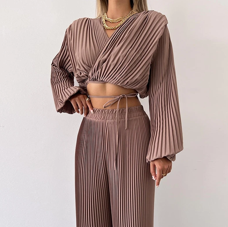 2024 Women's Spring/summer V-Neck Bubble Sleeves with Drawn Pleats and Exposed Navel Tie Up Top Wide Leg Pants Set