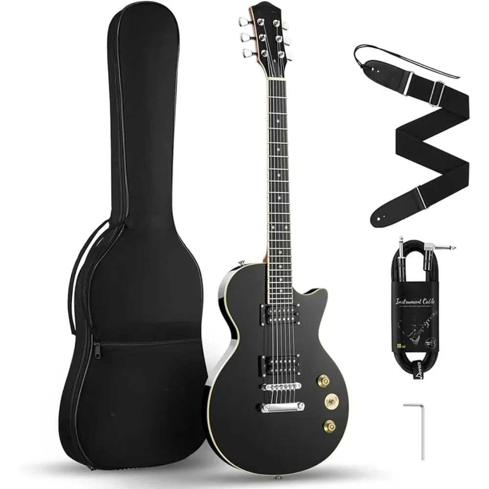 Electric Guitar LP Solid Body, Full-Size 39 Inch Electric Guitar Beginner Kit Black with Bag, Cable, Strap Guitar