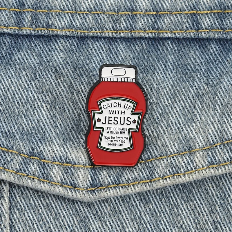 With Jesus Ketchup Bottle Enamel Pin Funny Christian Pun Brooch Religious Humor Lapel Badge Faith Jewelry Gift For Believers