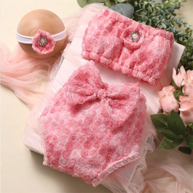 

3pcs/set Newborn Girls Photography Props Costume & Baby Hairband with Shorts Outfit for Memorable Photoshoots