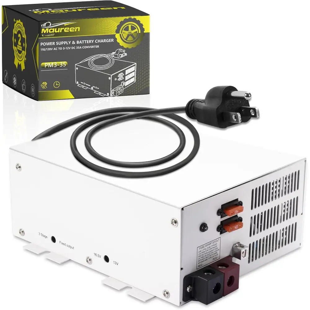 

PM3-35 Power Supply & Battery Charger - 110/120V AC to 0-12V DC 35A Converter, 3-Stage Smart Charging, Built-in Fan, LED Indicat