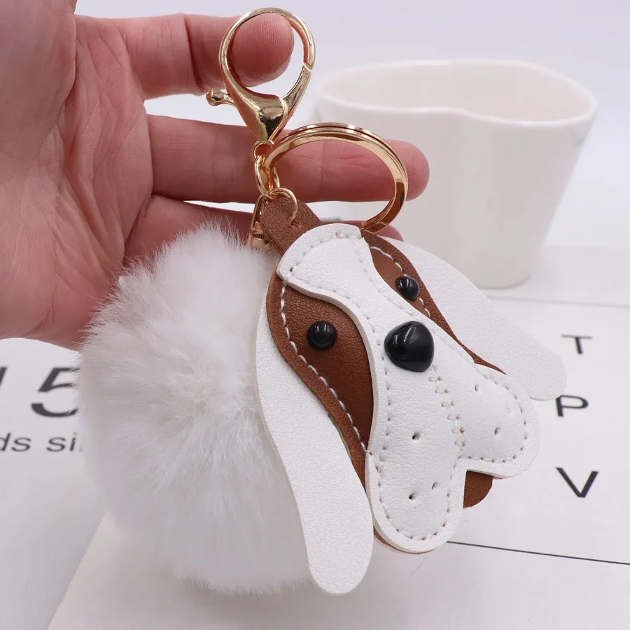 New fashion sweet Hot cute leather animal dog Fake Rabbit Fur Ball Key Chain Pompom Key Chain Key Rings  Girl Women Bag  Jewelry