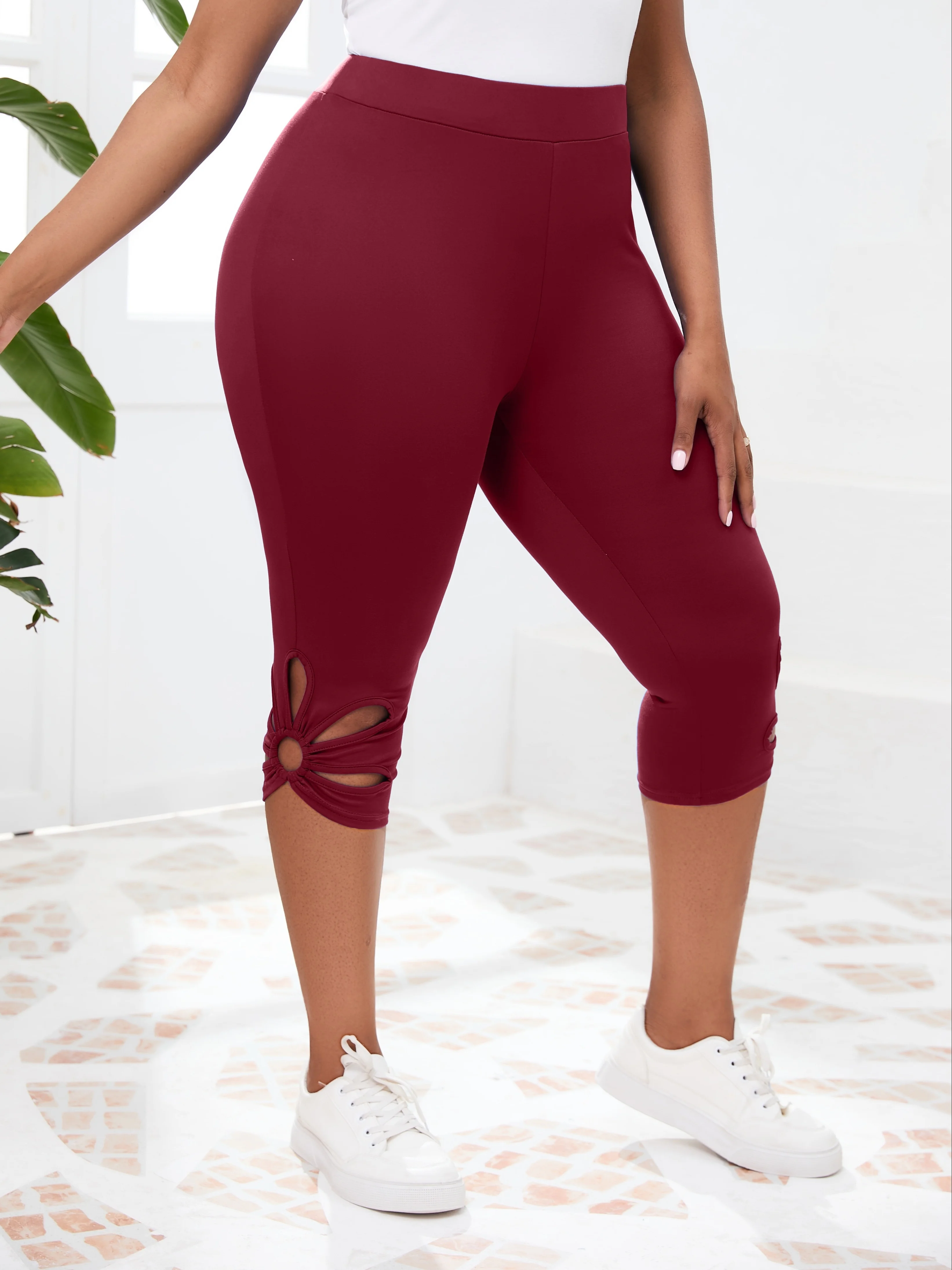 Large size new hollowed out design tight fitting cropped pants with high waist elasticity, slim fit, casual sports leggings