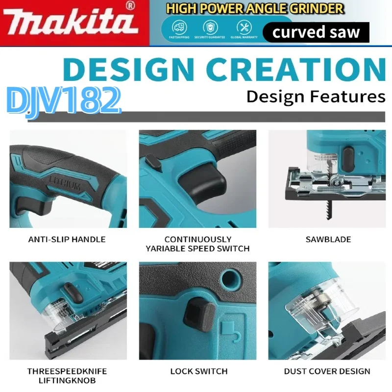 Gergaji Ukir Tanpa Kabel Makita DJV182: 18V, 300W, 0-2700rpm, Stroke 80mm, ±45 °   Sudut Pemotongan, Untuk Pekerjaan Pemotongan Kayu/Plastik/Logam