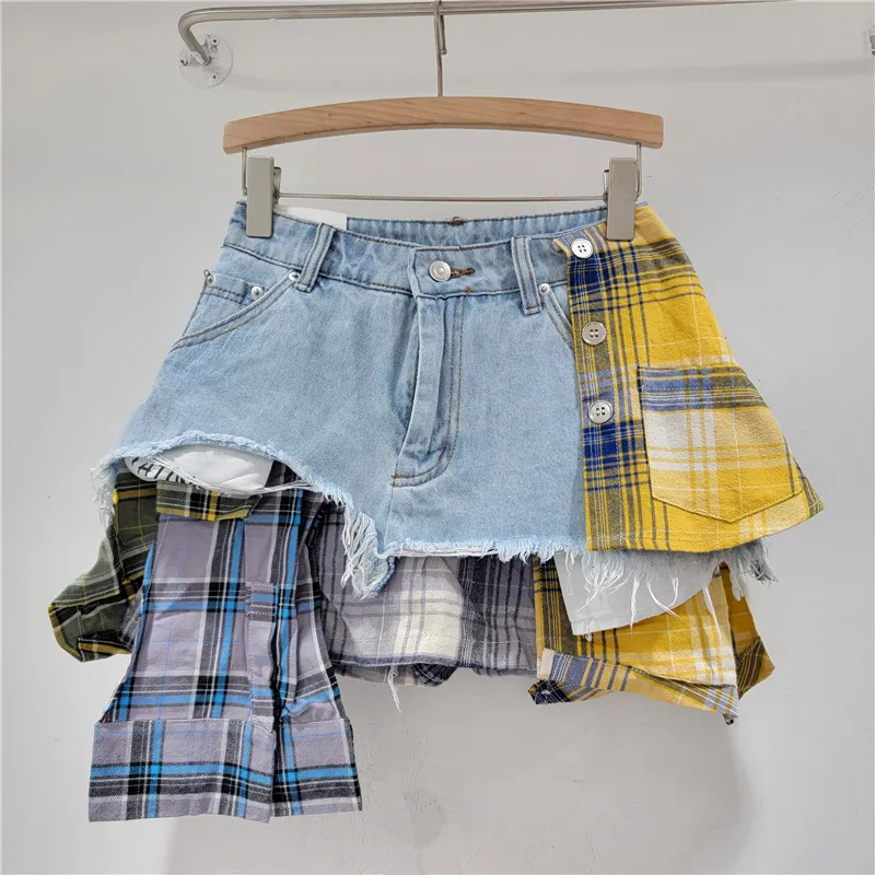 Plaid Patchwork Irregular Denim Skirts Women Summer Buttons Tassel A-line Jeans Skirt Casual Streetwear All Match Bottoms