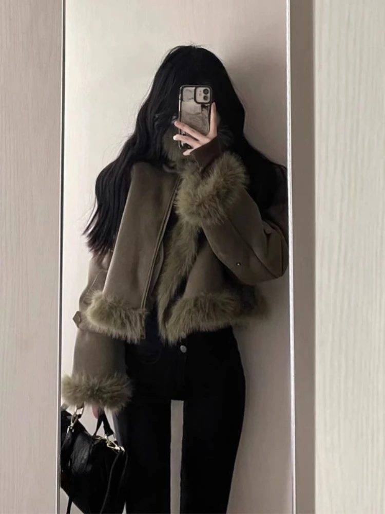 Outwear Korean Fashion Warm Coat Women Casual Long Sleeve Elegant Jackets Chic Fur Y2k Slim Clothing Woman Design 2024 Spring