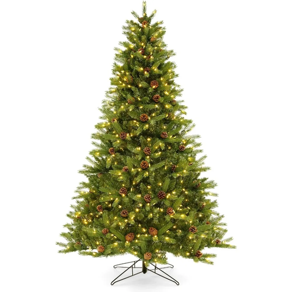 Artificial Christmas Tree, 7ft Hinged Xmas Tree with 360° Quick Power Connector, 1388 PVC & PE Branch Tips, 3 Lighting Modes