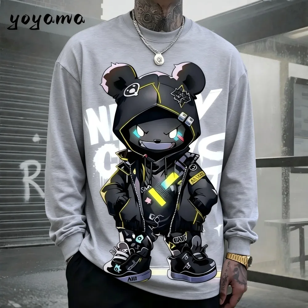 Men's autumn skateboarding teddy bear letter print micro elastic comfortable round neck long sleeved T-shirt outdoor casual top view 4