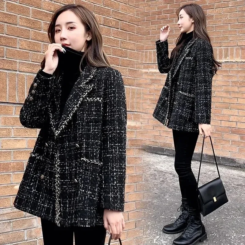 QNPQYX New Thickened Jackets Autumn Ladies Plaid Woolen Coat Small Fragrance Style Rough Flower Ladies Stitching Small Suit