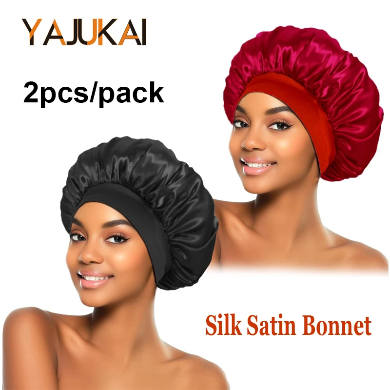 2Pcs Silk Bonnet For Sleeping Reusable Satin Bonnet For Black Women To Protect Hair Wine Hair Dry Bonnets Wide Soft Band Bonnets