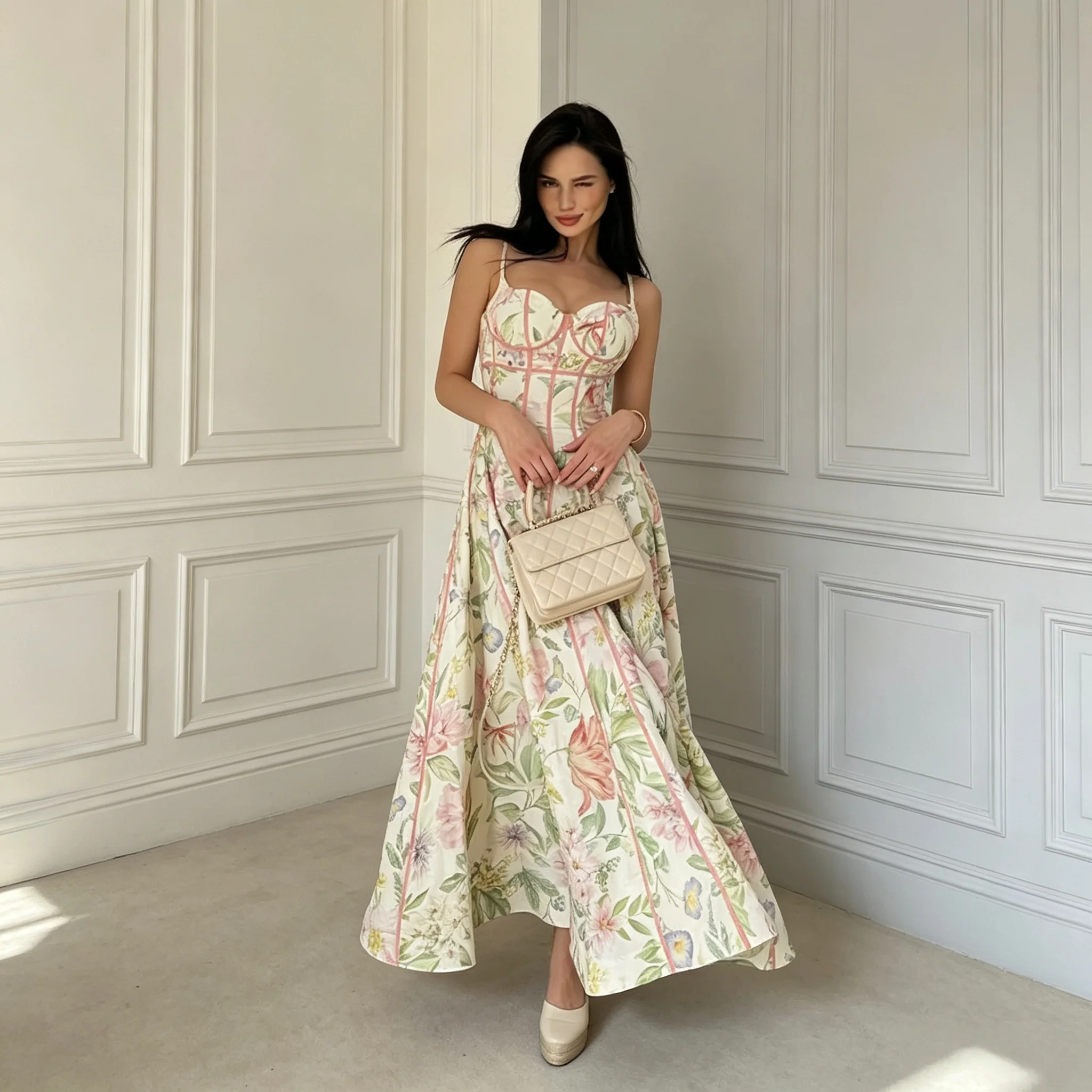 Elegant Printed Women's Dress: Sleeveless Halter, Waist-Closed A-Line Lady Dresses, 2026 Spring/Summer Fashion Women's Vacation