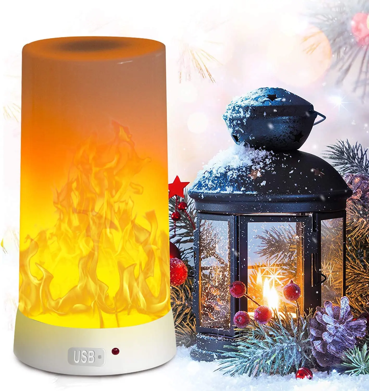 Led Flame Light USB Rechargeable Flicking Flame Candles Fire Lanterns Outdoor Hanging Lamps with Timer 4 Flame Modes