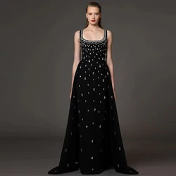 Exquisite Black Evening Dress Jersey Rhinestone Bespoke Occasion Gown A-line Square Neck Long Dresses Formal Dress Women Elegant