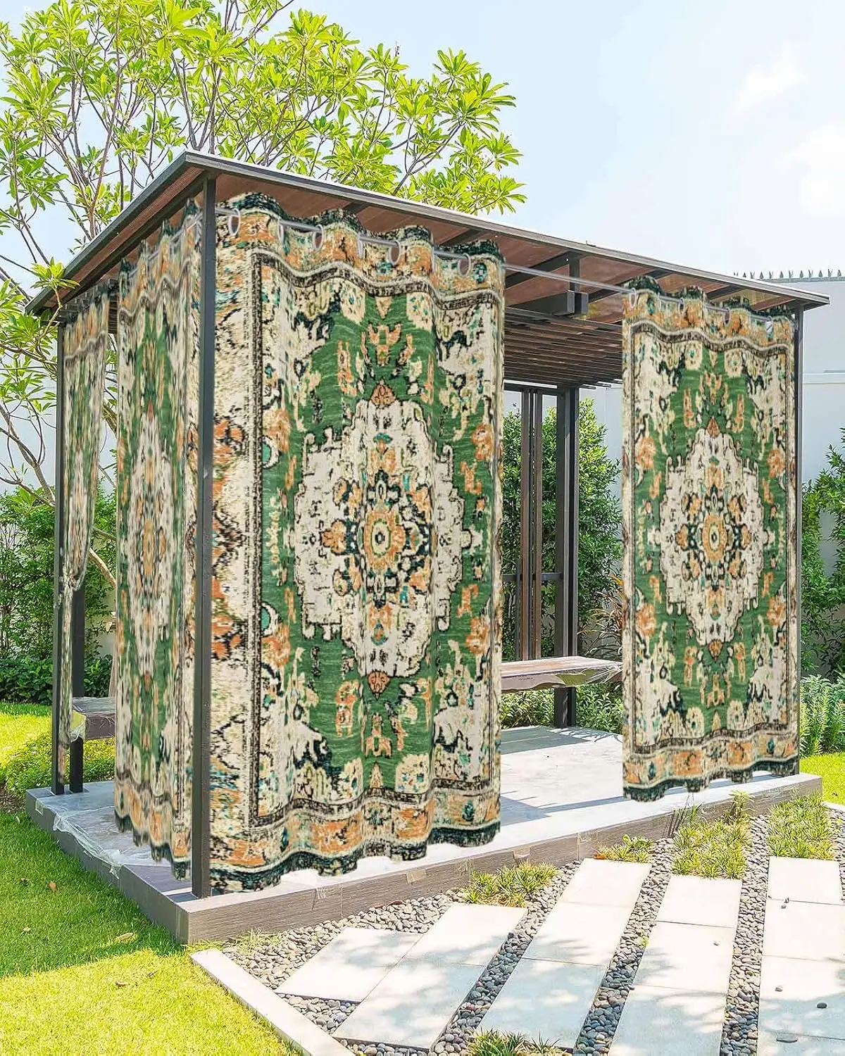 

Green Boho Outdoor Curtains for Patio Waterproof Farmhouse Tribal Vintage Tribal Texture Windproof & Sun Blocking Outside Privac