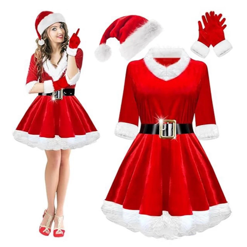 

Christmas Outfit Red Adult Women's Velvet Dress With Half Sleeves Santa Claus Party Suit 2025 New Fur Dress Hat Gloves Full Set