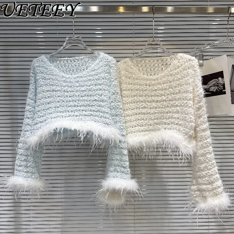 

Осень-зима, новый нежный милый вязаный свитер с меховыми краями и манжетами, длинными рукавами, свободный универсальный короткий свитер с круглым вырезом