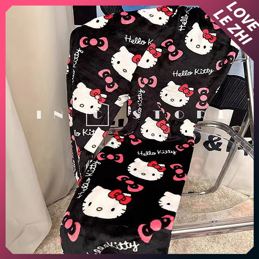 Sanrio Hello Kitty Kawaii Anime Flannel Pajamas Long Pants Women's Casual Warm Home Pants Autumn Winter Fashion Trousers