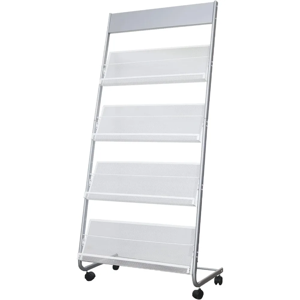 

4-Layer Iron Magazine Rack with Wheels, Newspaper Rack, Display Rack, Silver，24.8D x 13.39W x 56.3H