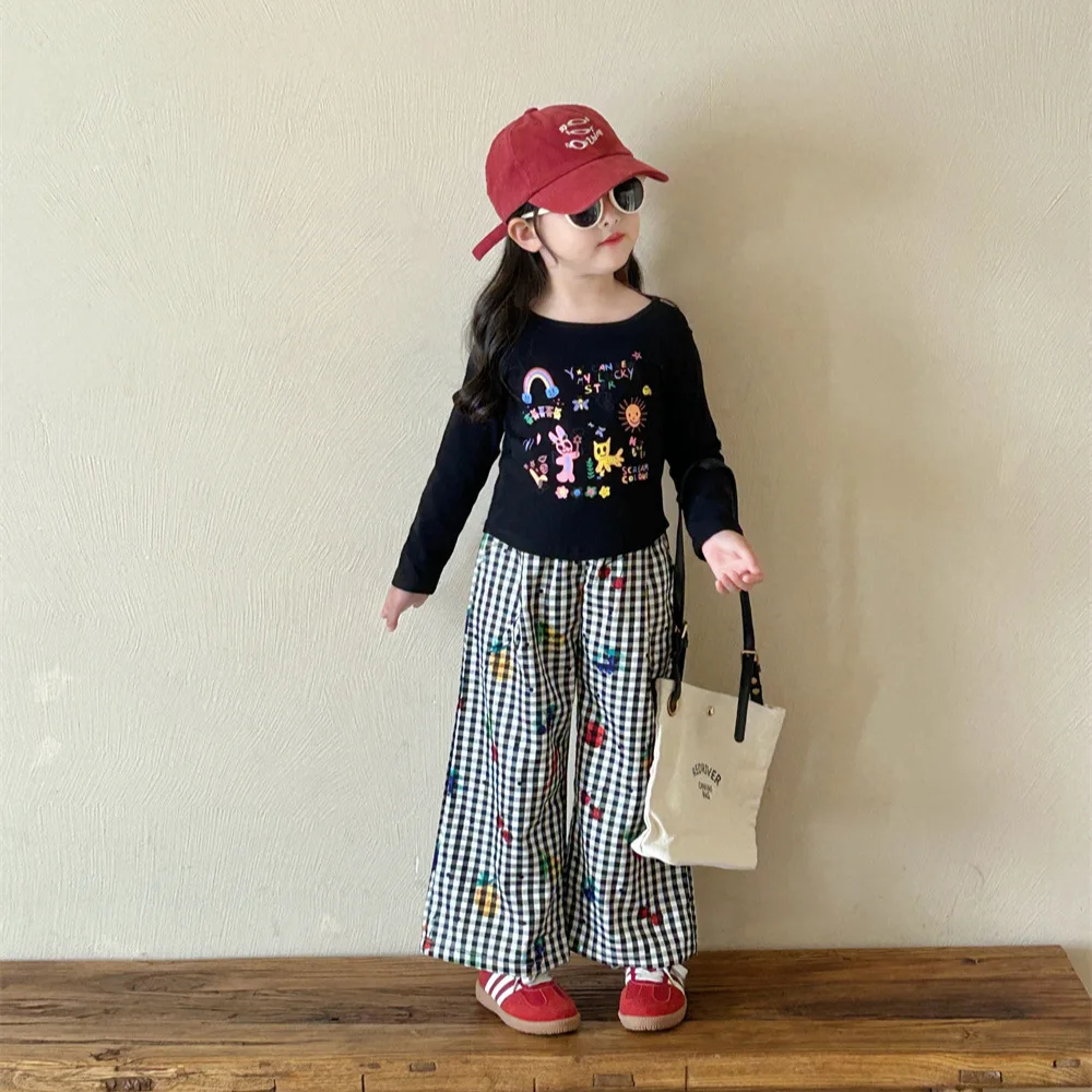 2024 Autumn New Girls Cartoon Checkered Casual Pants Korean Baby Long Pants Children Graffiti Wide Leg Pants