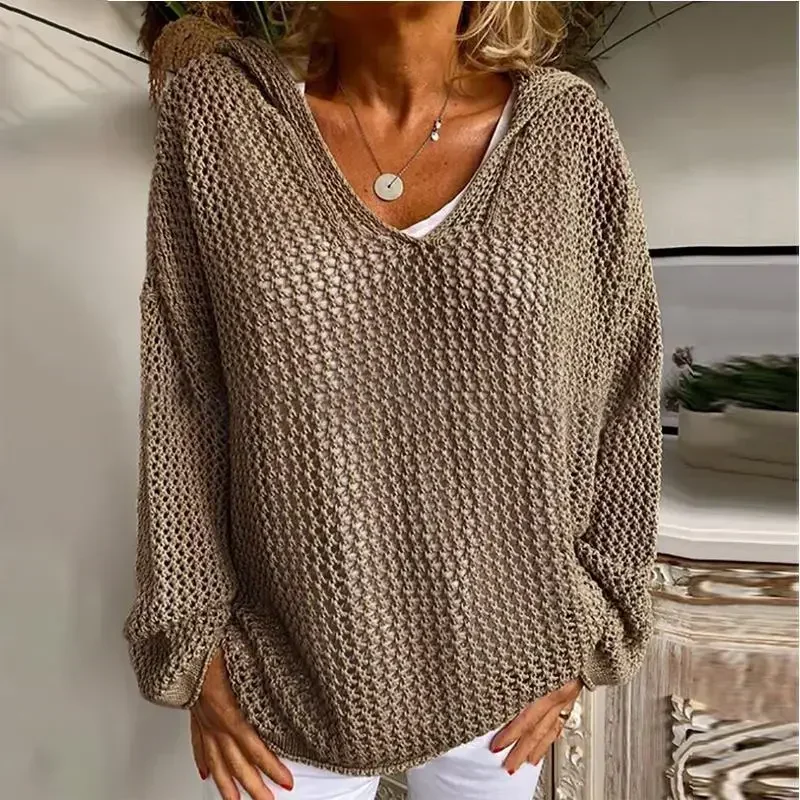

Women's Long Sleeve V-Neck Hollow Out Sweater, Loose Casual Pullover, Lazy Style, Short Top, Solid, Autumn Fashion