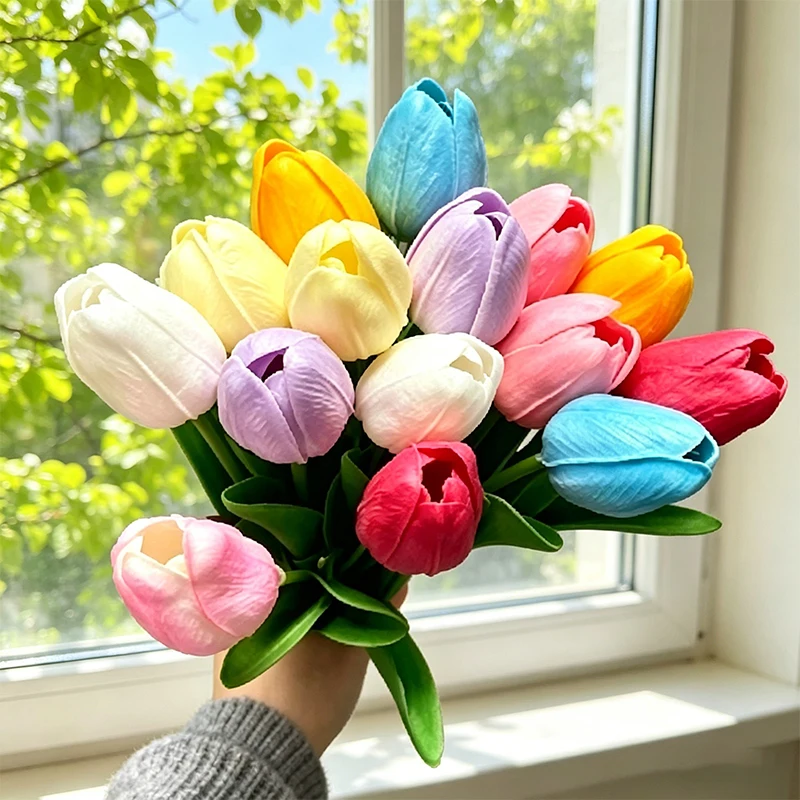 10/15 piezas de tulipanes artificiales multicolor con tallos de PU para bodas, arreglos florales, decoración para el hogar, fiestas, oficina, regalo del Día de la Madre