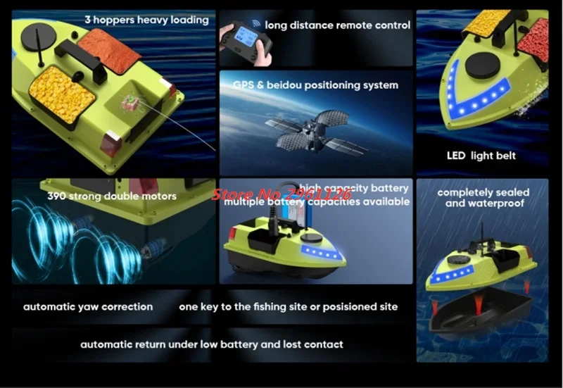 

99 Point GPS Bait Boat 3 Hoppers 600M GPS Auto Feed Return Fishing Bait Boat 7-Color Night Light RC Fishing Finder Boat GPS Bait