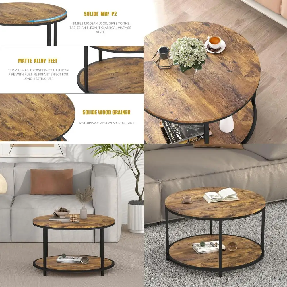

Modern 2-Tier Rustic Brown Coffee Table with Storage Shelf for Living Room, 25.6 Diameter