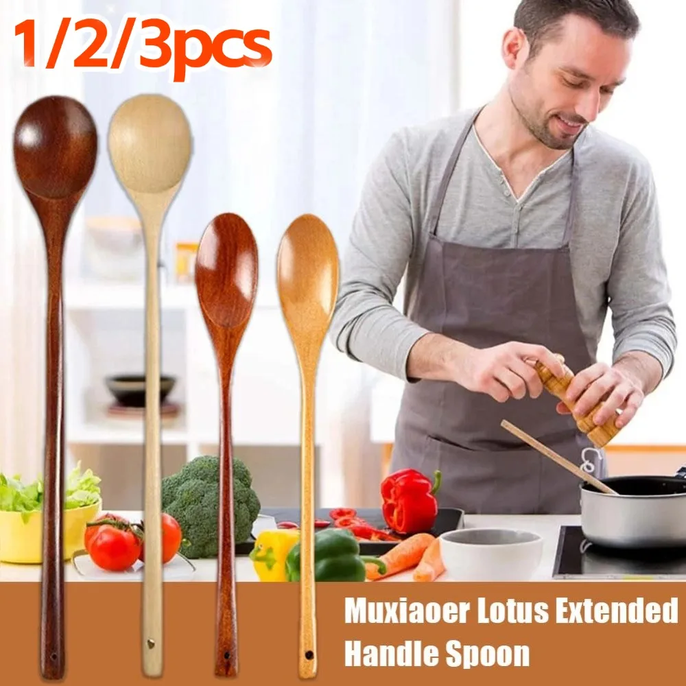 Cuchara de madera con mango largo para cocinar ollas profundas, utensilio para servir, cucharas agitadoras de teca Natural, 1/2/3 Uds., 27,5/28/33cm
