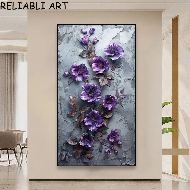 Abstract Purple White Flower Poster and Prints Modern Canvas Painting Wall Art Pictures For Living Room Home Decor No Frame