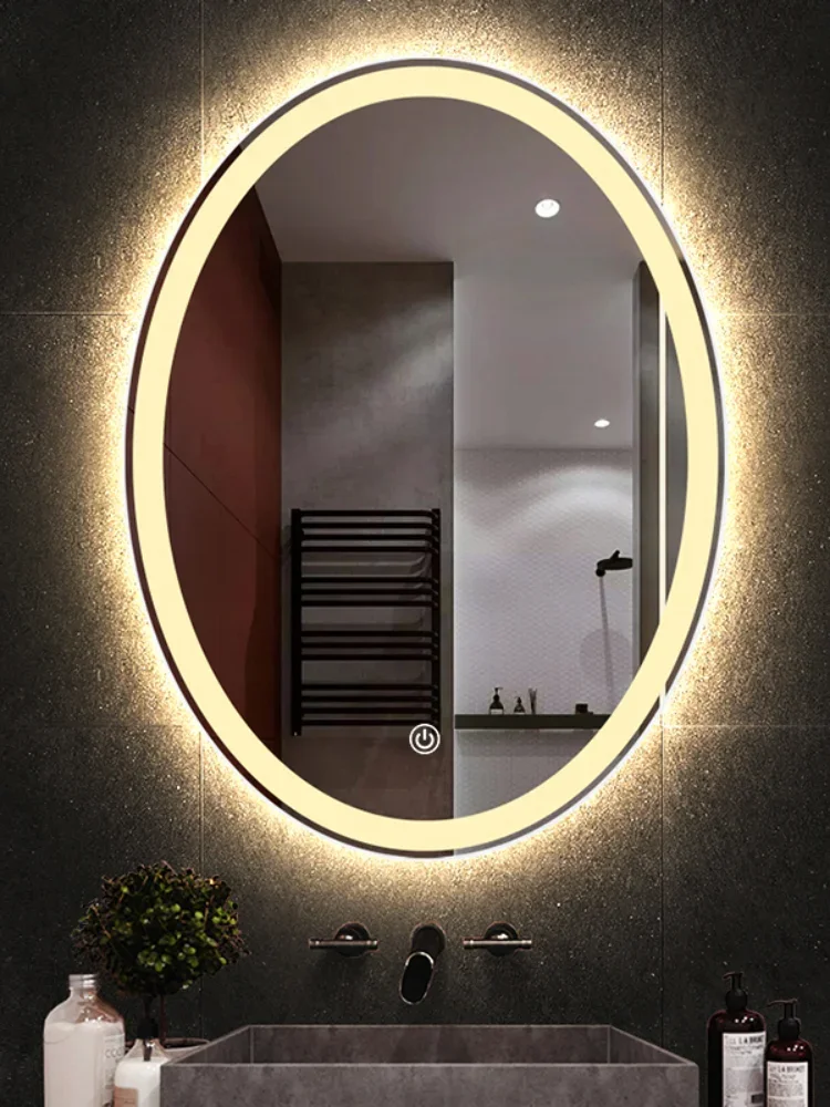 Oval Shape Smart Makeup Bathroom Mirror 3 Color Adjustable LED LIght Multifunction With Bluetooth Speaker For Bedroom Decoration