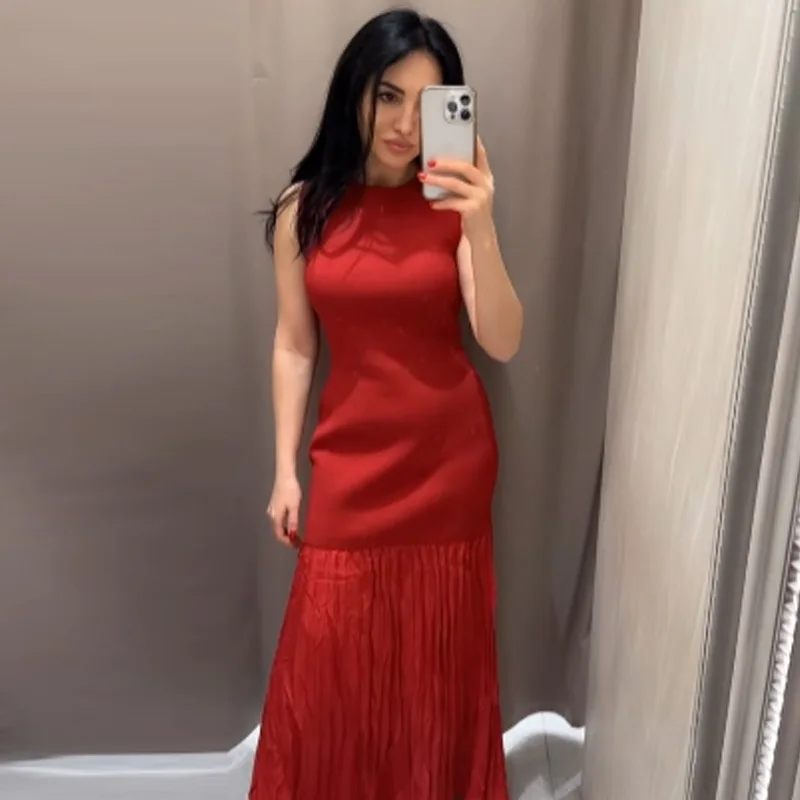 HXAO Red Dress Women's Dress Spring Summer 2025 Ruffled Knit Patchwork Long Dresses Casual Party Dresses Chic Sleeveless Vestido