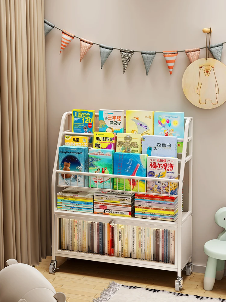 Children's dustproof bookshelf Kindergarten baby toy storage rack Baby picture book rack Mobile storage cabinet Storage rack