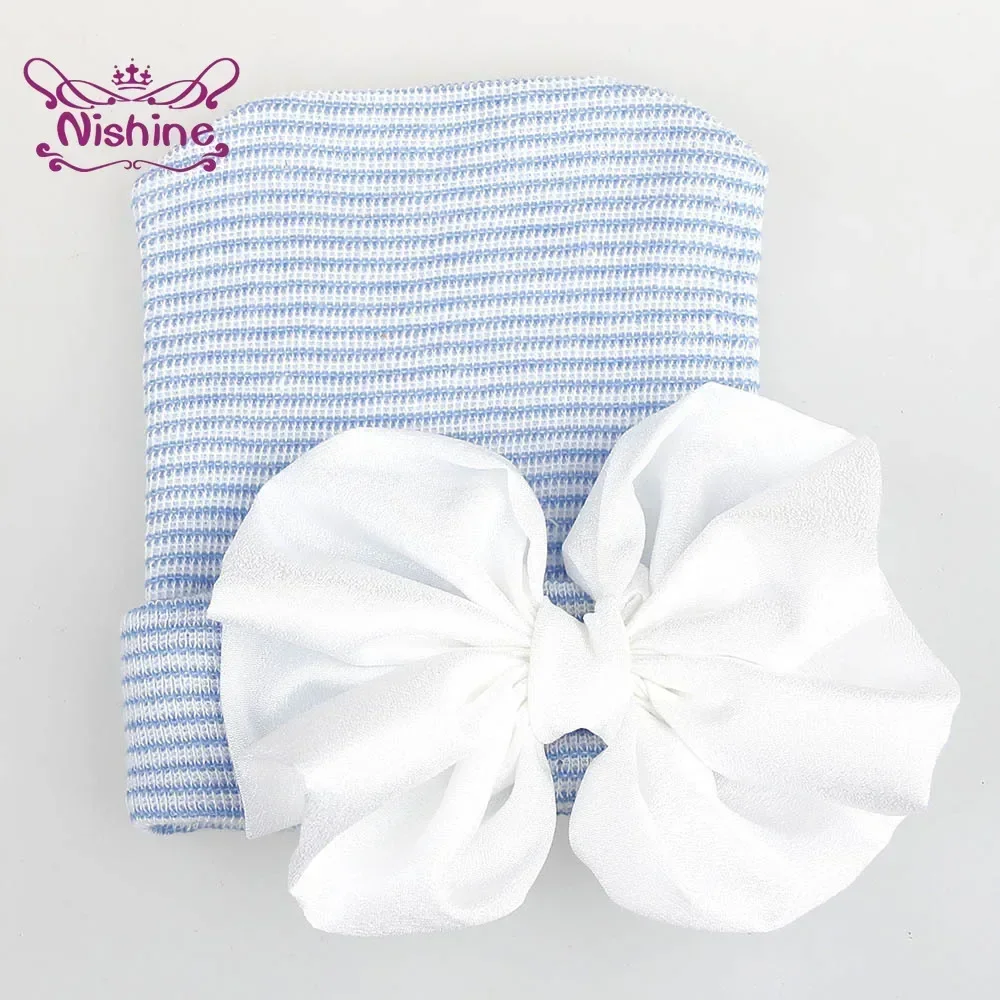 Nishine Newborn Baby Girl Chiffon Bowknot Hat Infant Big Bow Cap Kid Stripe Knitted Bonnet Toddler Hair Accessories Photo Props