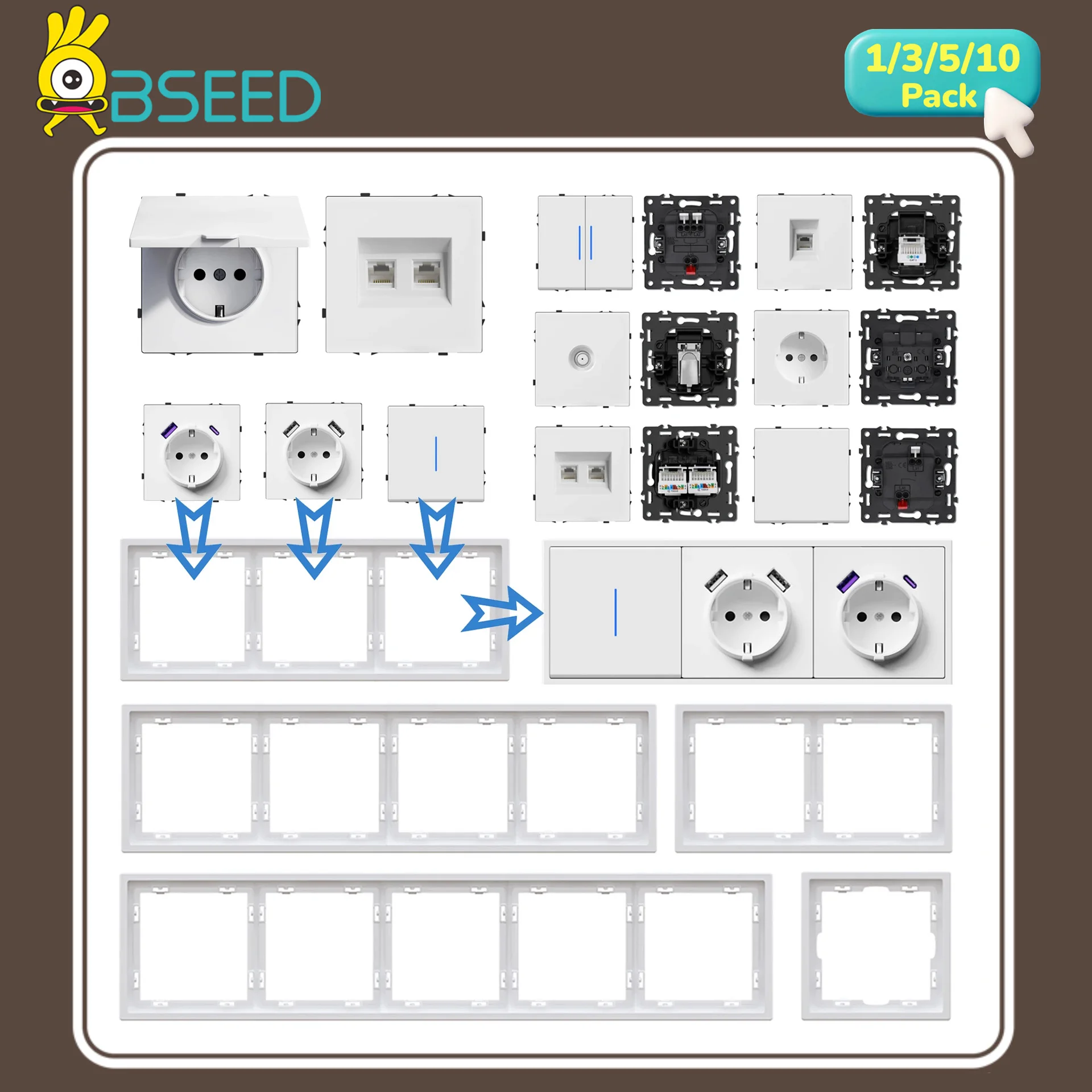 BSEED Button Switch Module USB Phone Charge Socket Parts Wall Light Switch Key Insert Plastic Frame Combination EG Series White