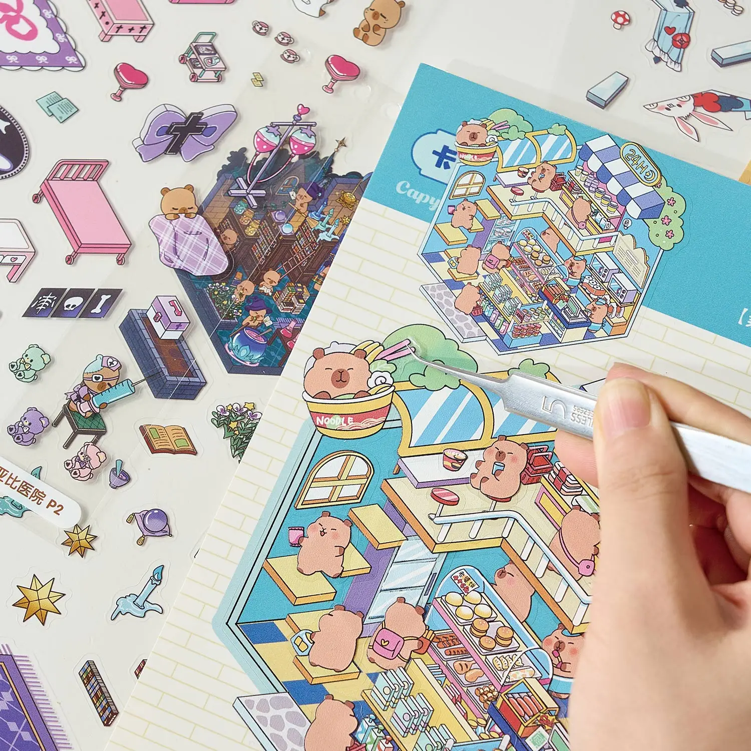 58pcs/kantong Stiker Miniatur Pemandangan Kawaii Buku Stiker Guinea Pig Town 6.0 DIY Pemandangan 3D untuk Jurnal Hadiah Penghilang Waktu