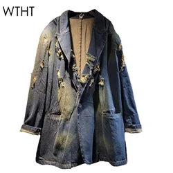WTHT Vintage Fashion Women's Broken Hole Denim Coat 2024 Winter Trendy Turn-down Collar Long Sleeves Jacket Female 1LS439