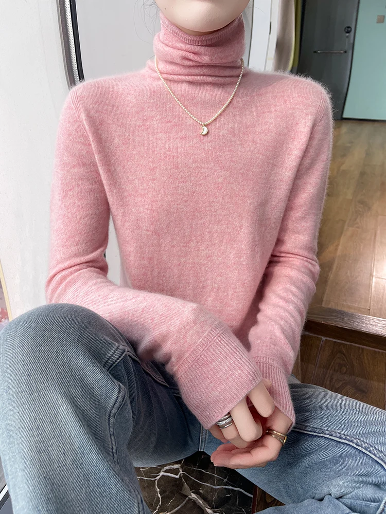 

New Fashion Pure Color 100% Cashmere Knitted Pullover Women High Collar Sweater Casual Warm Elastic Top Autumn Winter Base Shirt