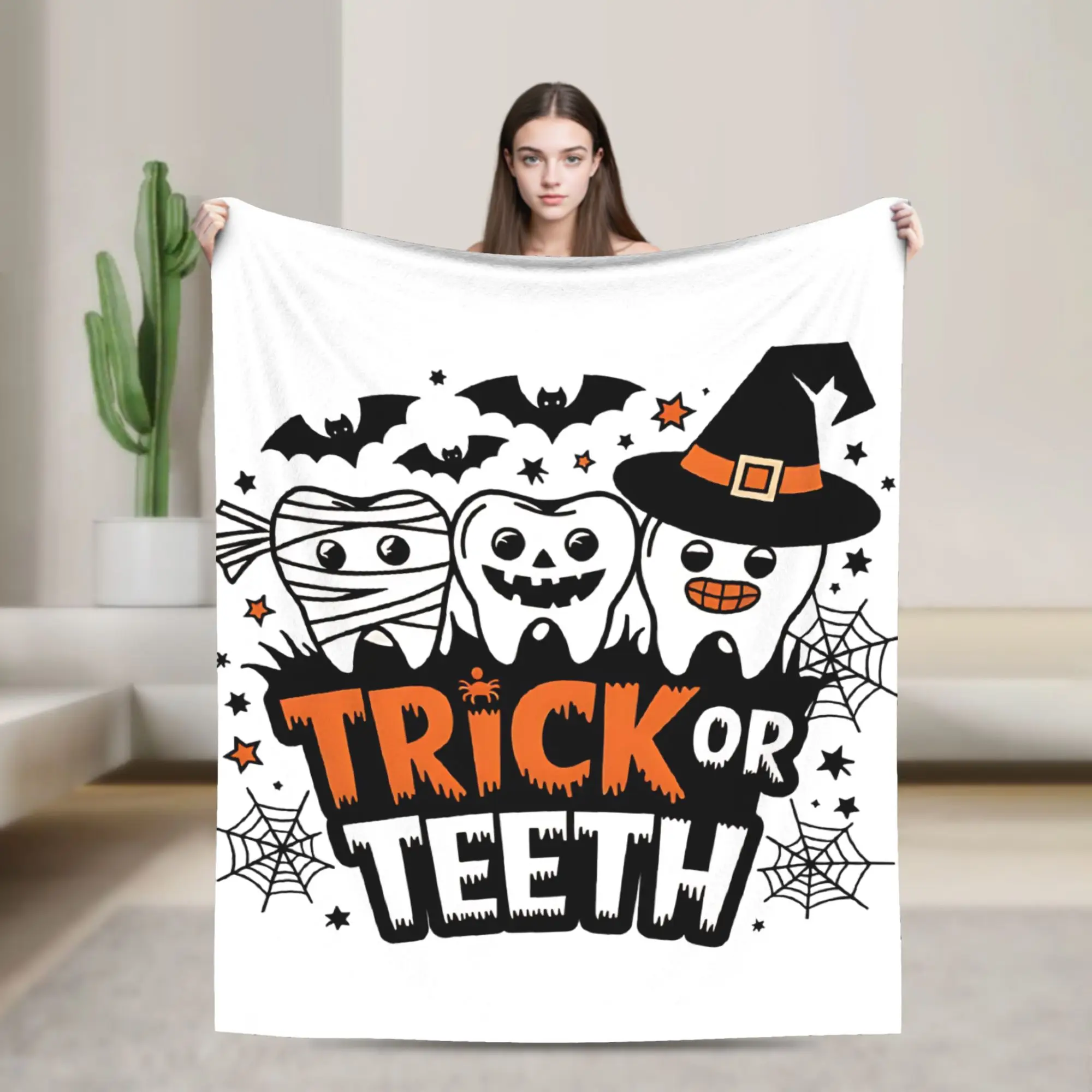 Trick Or Teeth Dental Assistant Blankets Cartoon Teeth Helloween Customized Throw Blanket for Bed Sofa Couch Rug Piece,